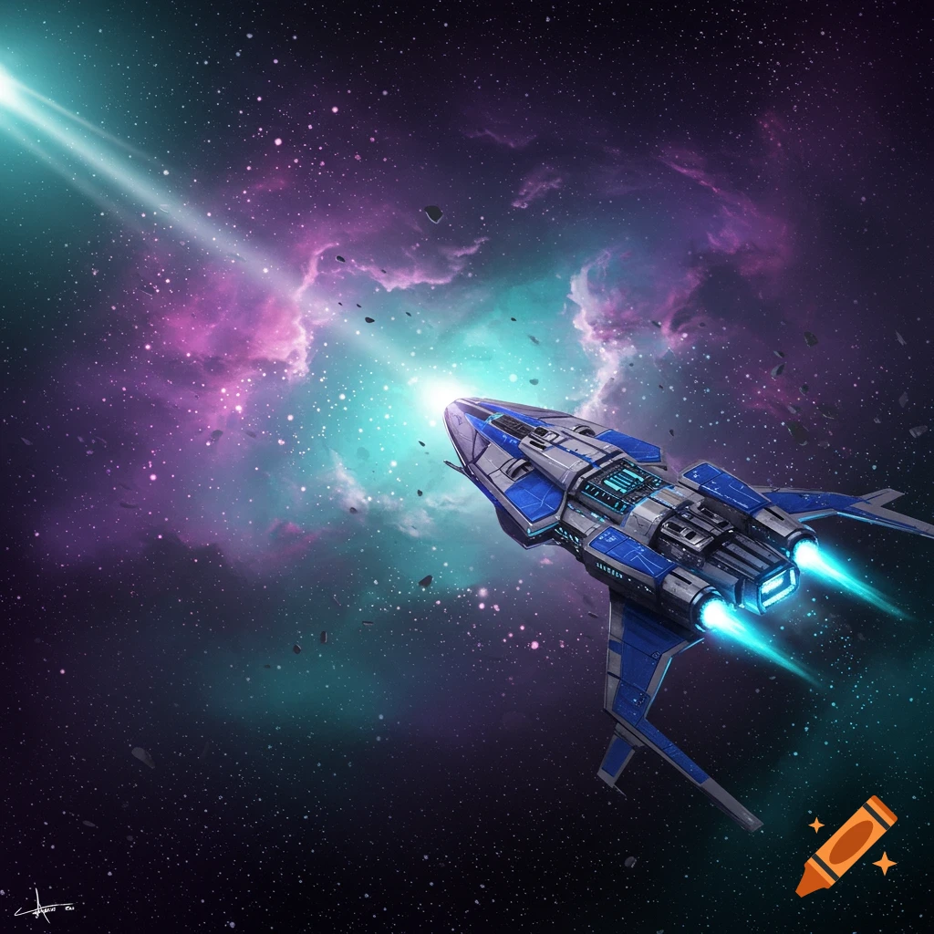 A futuristic blue and gray spaceship with glowing engines flying through a vibrant purple and teal nebula.