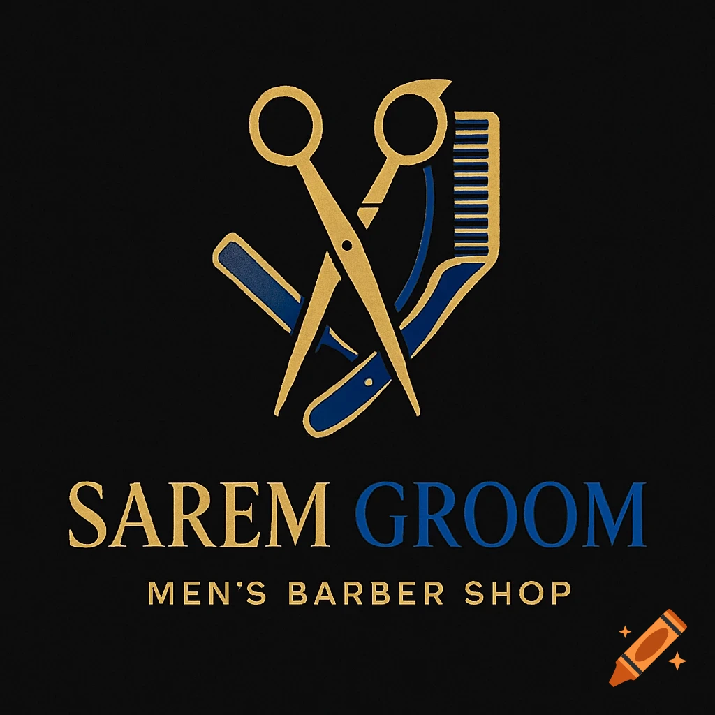 A sleek black, gold, and blue logo for Sarem Groom Men's Barber Shop, featuring crossed barber scissors, a straight razor, and a comb.