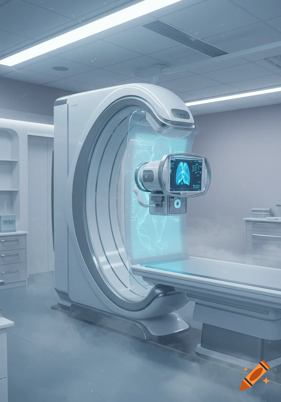 A futuristic x-ray machine with a glowing screen displaying anatomical data and a monitor showing a lung scan in a sterile, white room.