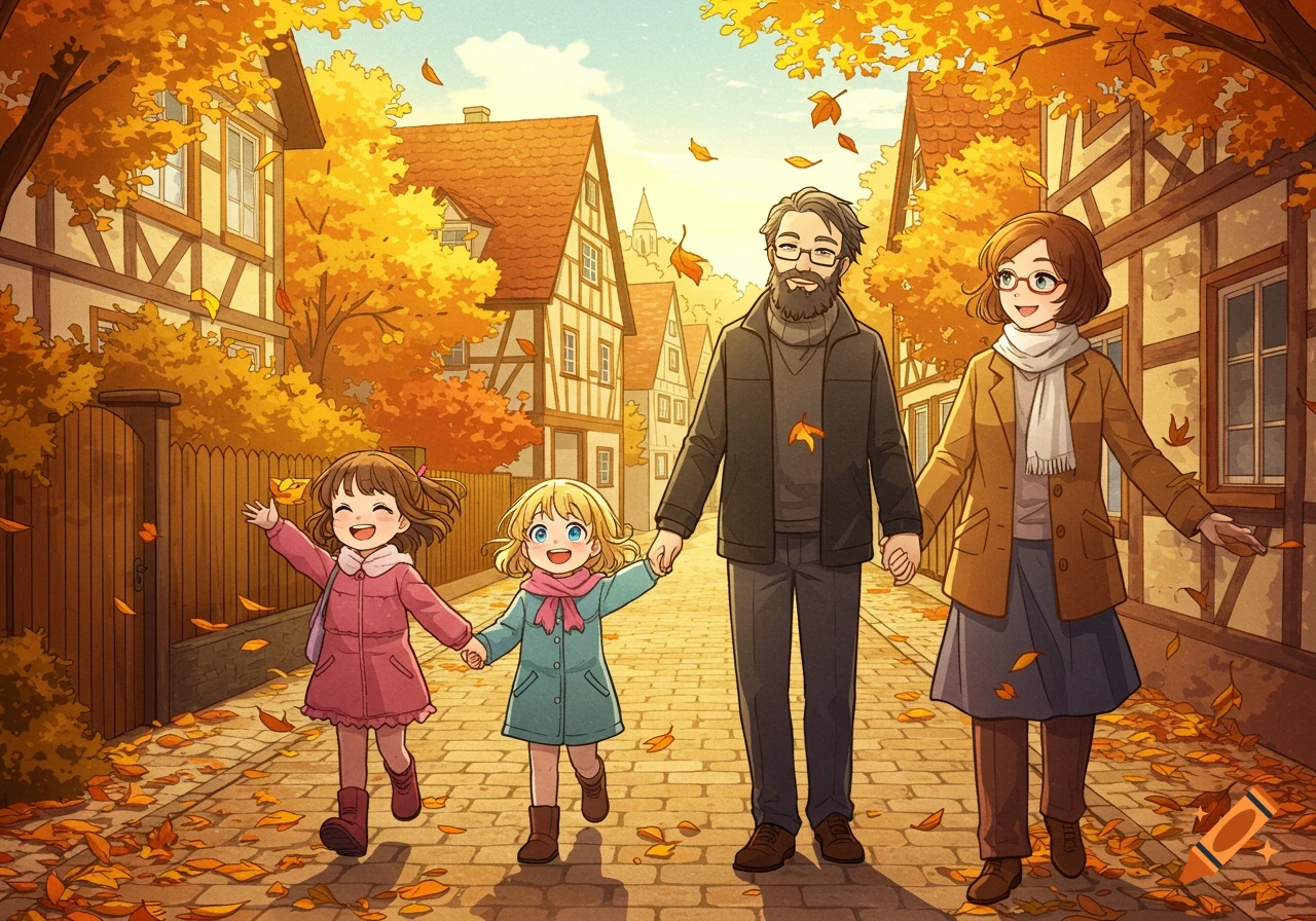 An anime family with two young girls walks hand-in-hand down a cobblestone street lined with half-timbered houses and golden autumn trees.