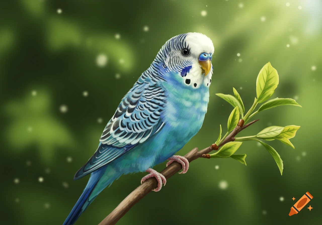 A vibrant blue and white budgerigar perches on a leafy branch in a digital art style.
