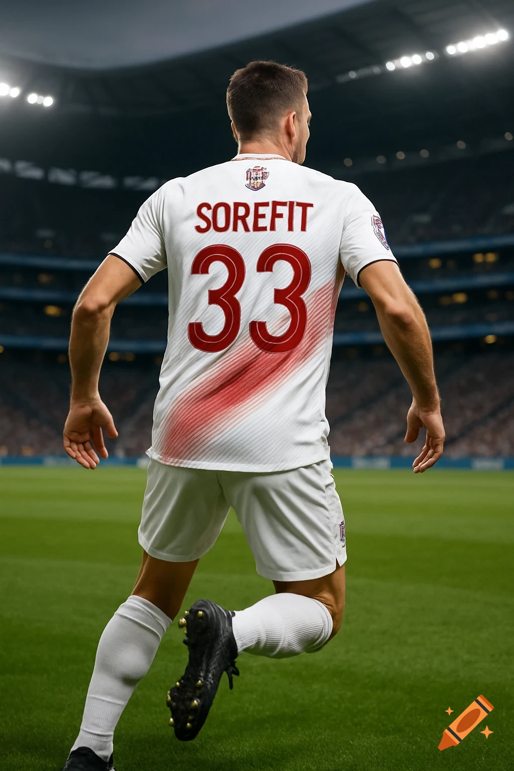 A soccer player in a white jersey with "SOREFIT 33" on the back, running on a green field in a stadium.