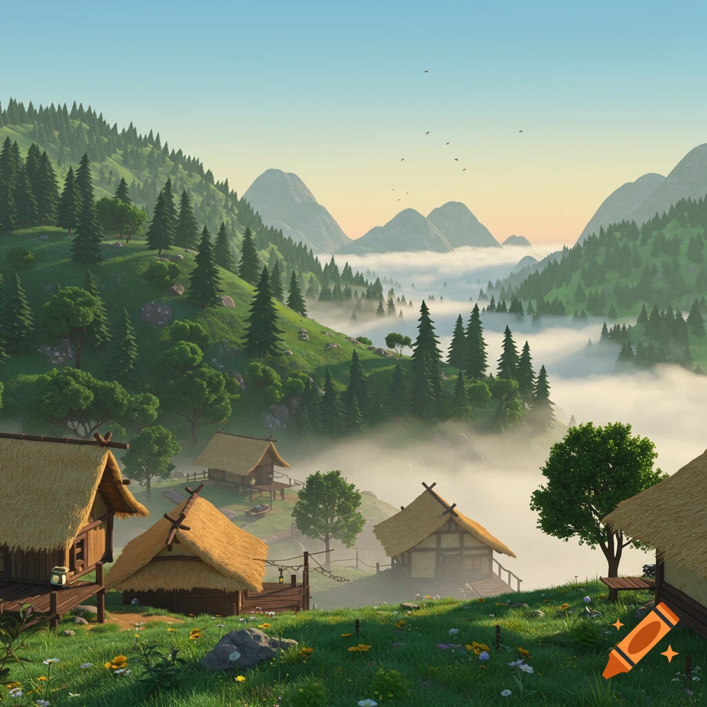 A charming 3D animated village with thatched-roof huts in a misty green mountain valley at sunrise, Pixar style.