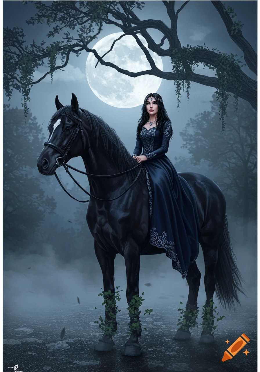 A woman in a dark blue gown rides a black horse through a moonlit, misty forest, fantasy digital art.