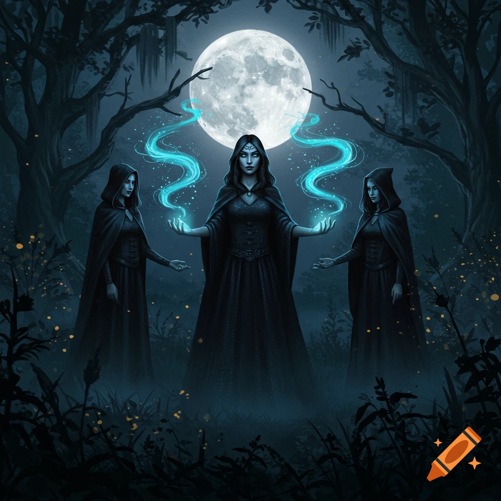 Three witches in a dark forest under a full moon, the central witch casting blue magic from her hands.
