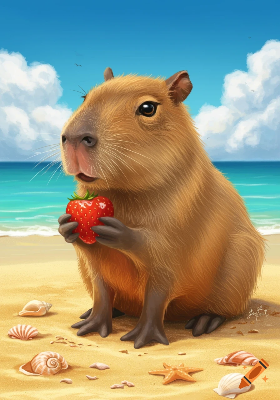 A cute capybara sits on a sandy beach under a blue sky, holding a large red strawberry.