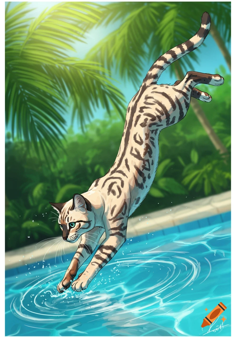 A white and brown spotted cat with green eyes jumps into a clear blue swimming pool with palm trees in the background, in an illustrative style.