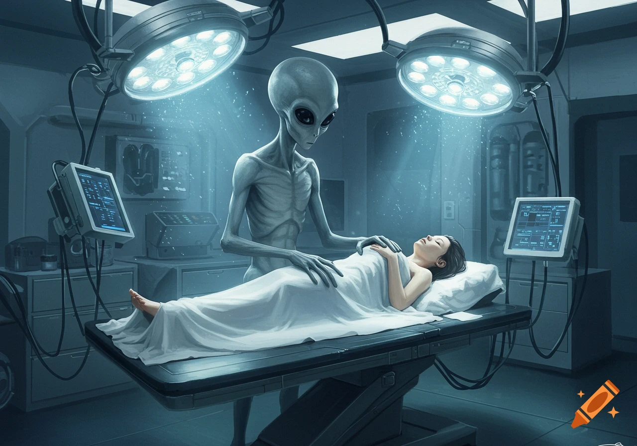 A gray alien examines a female human lying on a medical table in a sci-fi operating room under bright lights.
