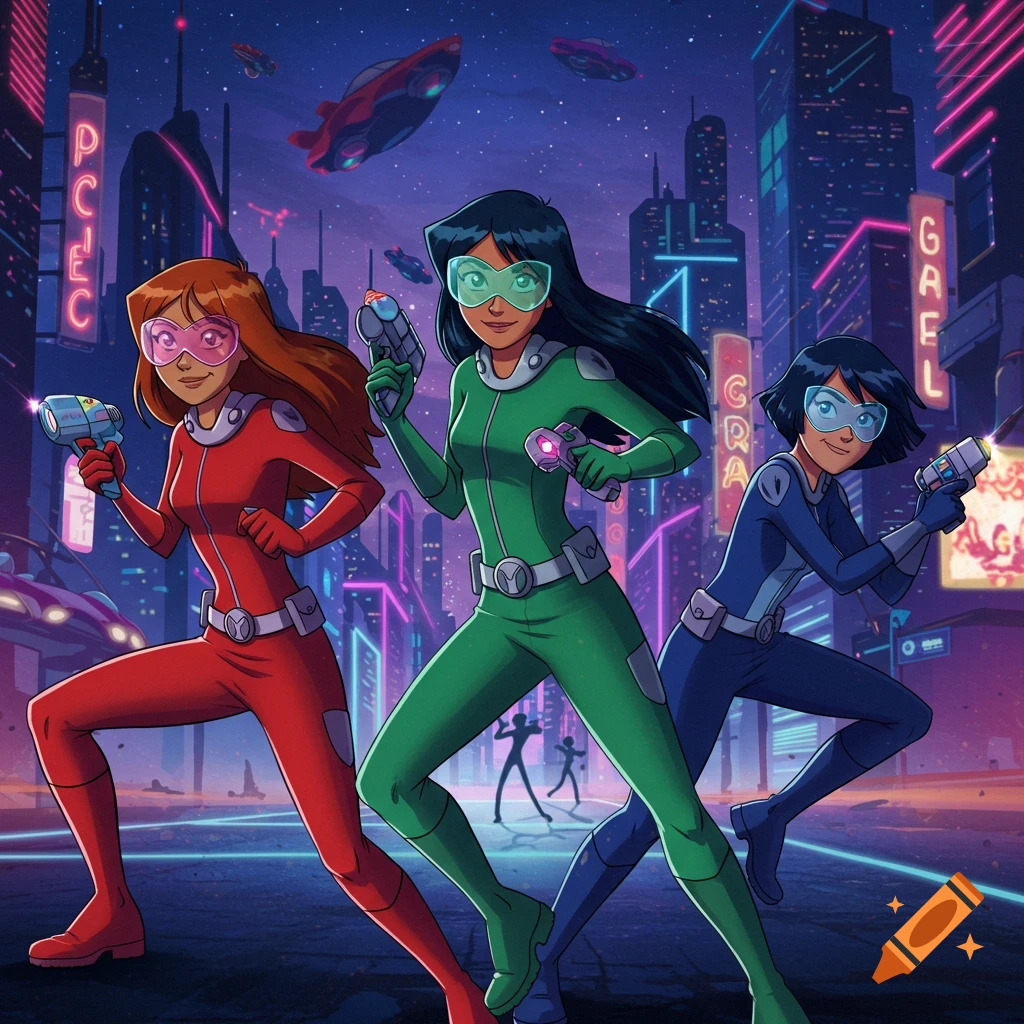 Three animated women in red, green, and blue bodysuits with goggles and laser guns in a neon-lit futuristic city.