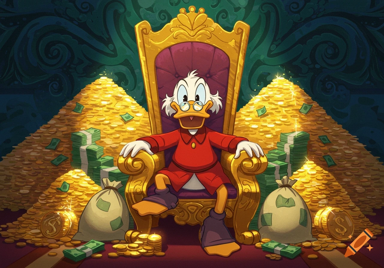 Scrooge McDuck sits on a golden throne, surrounded by huge piles of shimmering gold coins, money bills, and bags of money in a cartoon style.