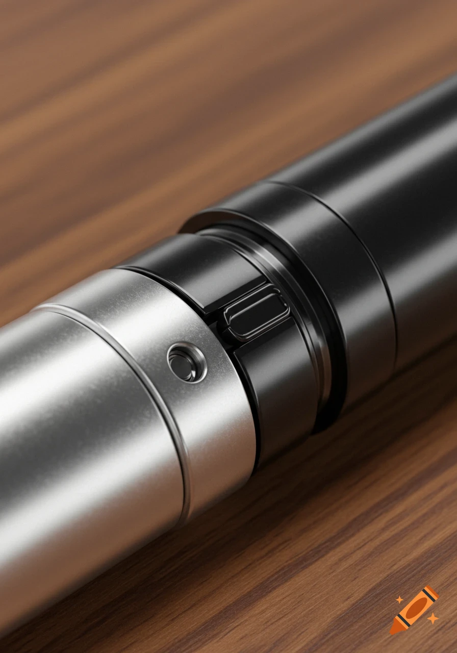 Close-up of shiny silver and black metallic interlocking tubes on a wooden surface, showing a small hole and a snapping mechanism.