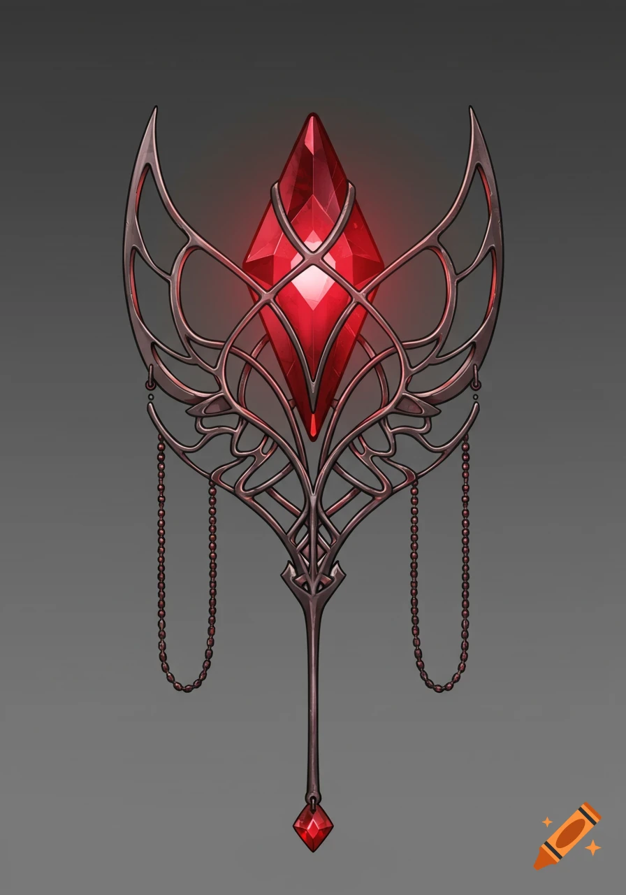 Elegant dark metallic filigree headpiece with a glowing crimson crystal and dangling chains, on a gray background.