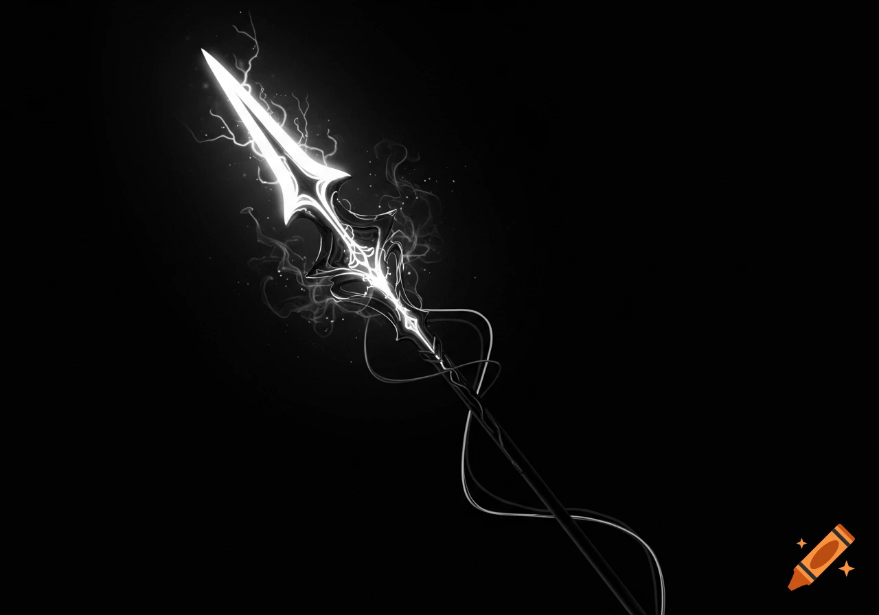 A glowing white plasma spear with intricate details against a jet black background, in a digital art style.