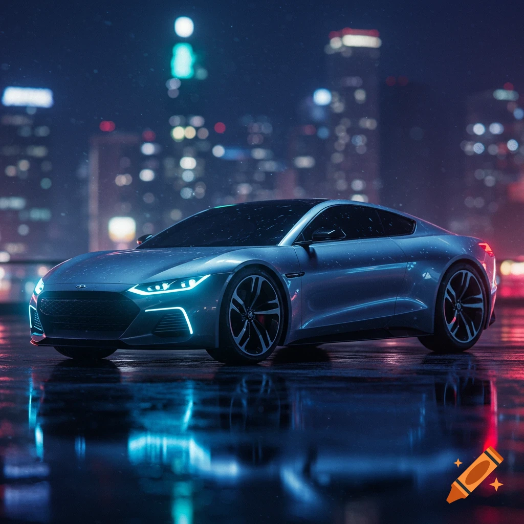 A sleek, futuristic silver sports car with glowing blue headlights sits on a wet city street at night, reflecting neon lights.