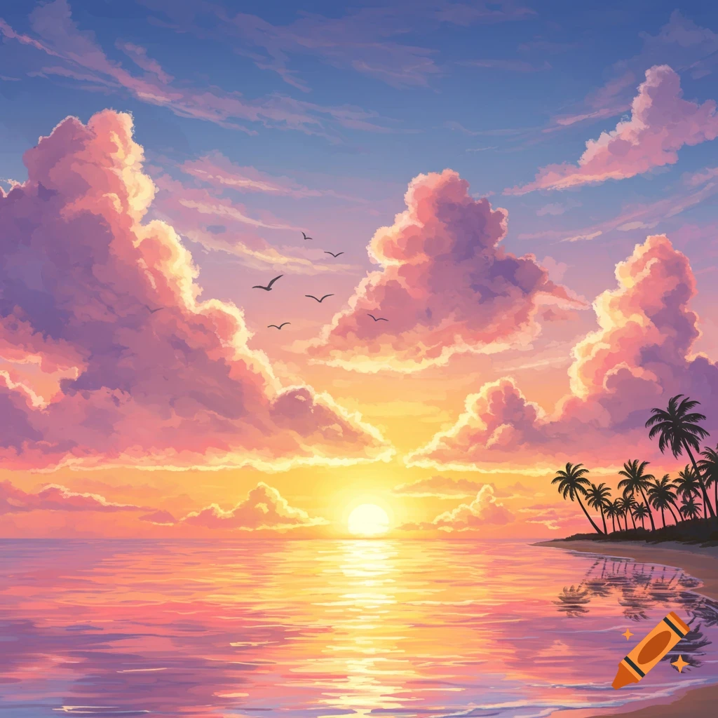 An idyllic animated sunset scene over a beach with pink and orange clouds, a bright sun, and silhouetted palm trees.