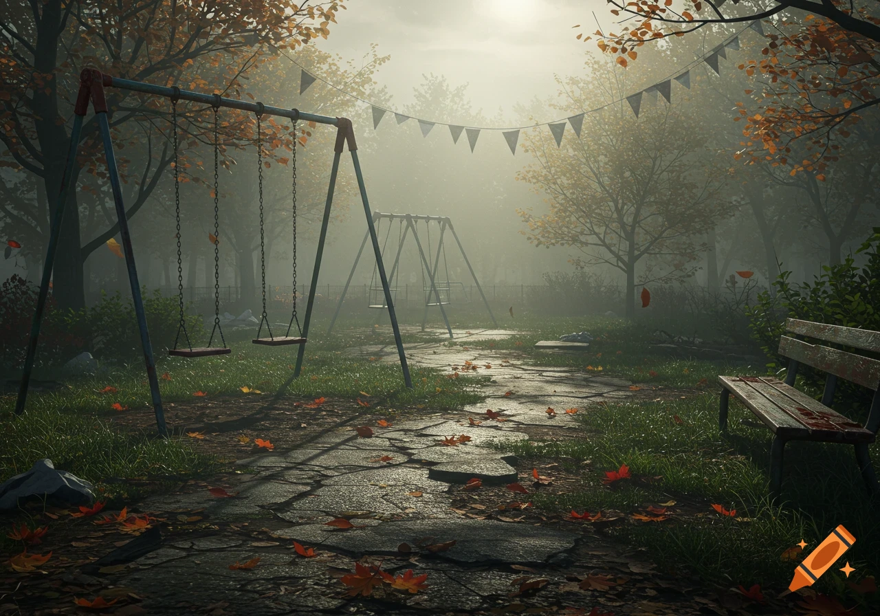 An abandoned park in autumn with swings, a bench, and a cracked path covered in fallen leaves, shrouded in a light fog.