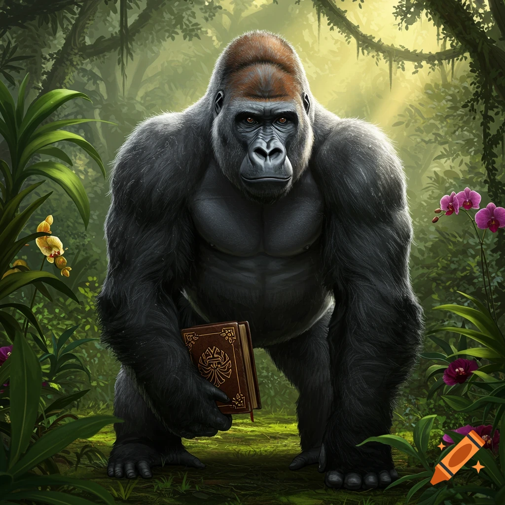 A powerful gorilla with rich brown fur on its head stands in a lush jungle, holding a brown book with an intricate golden emblem.