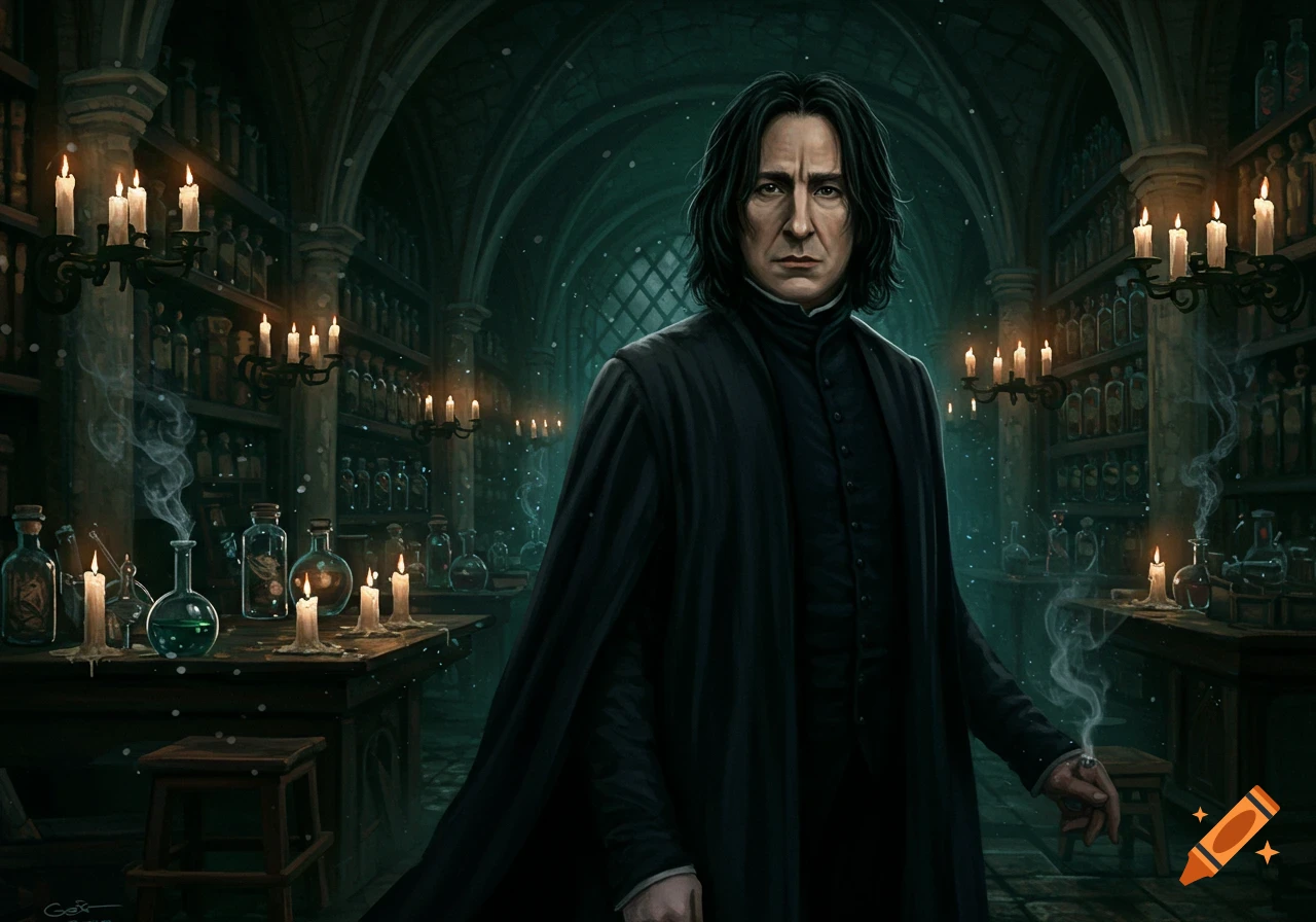 Severus Snape in a dark, candlelit potion dungeon with shelves of bottles and smoking beakers, looking forward.
