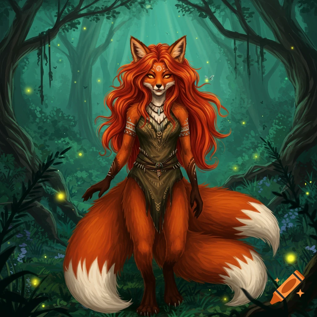 A vibrant illustration of a fox-eared woman with long red hair and multiple bushy tails, wearing a rustic outfit, standing in a mystical green forest with glowing fireflies.