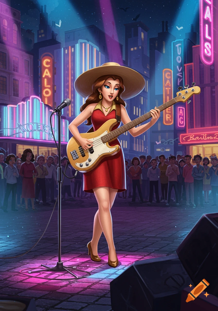 A cartoon woman in a hat and red dress plays bass guitar on a neon-lit city street at night with a crowd watching.