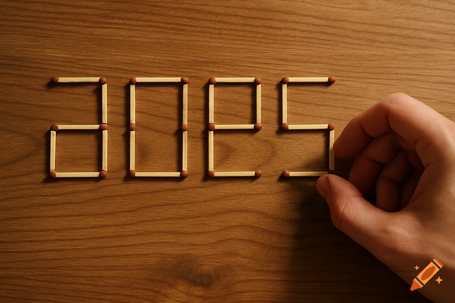 A photorealistic close-up of matches forming the number '2025' on a wooden surface, with a hand adding a match to change the '5' into a '6'.
