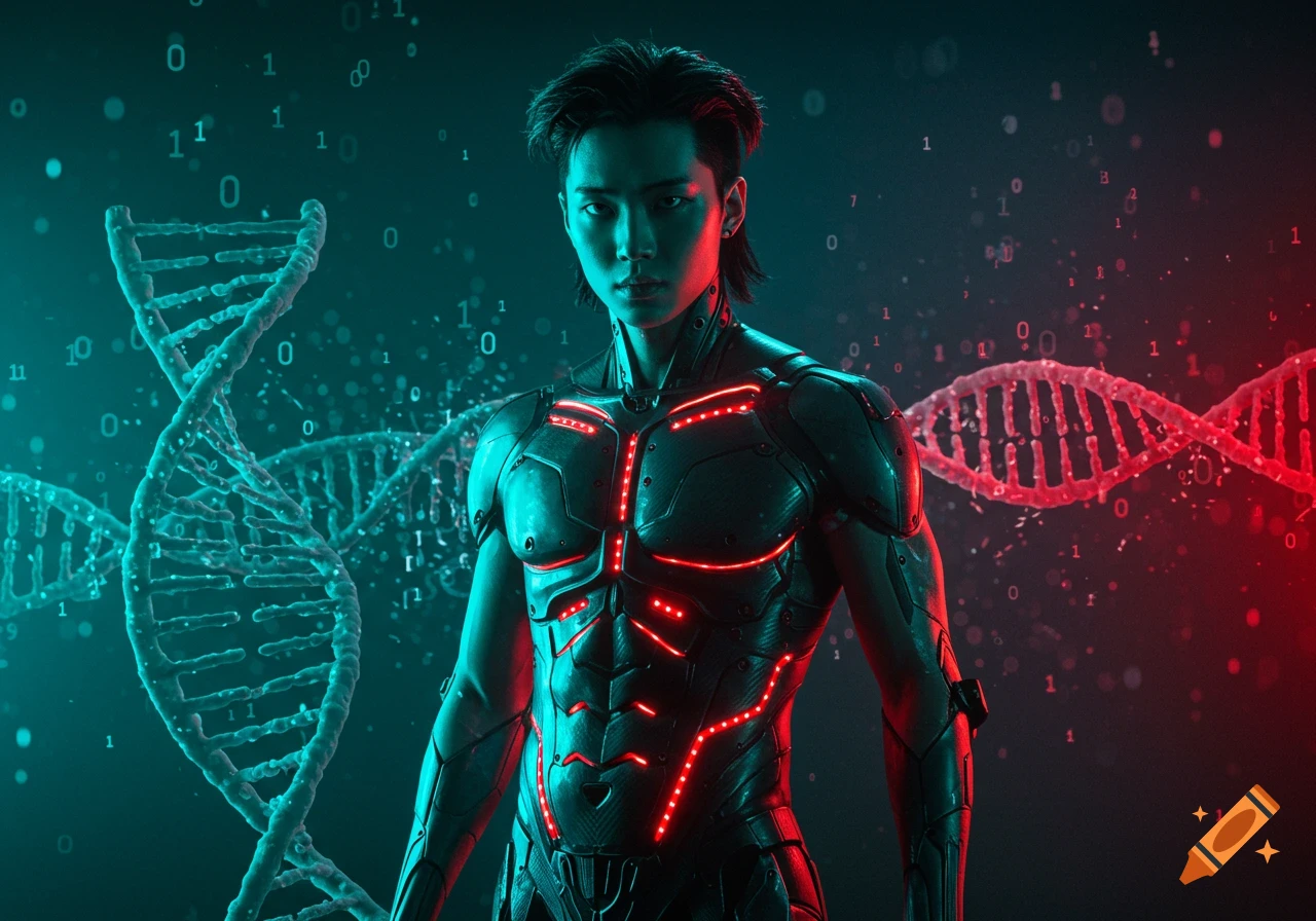 A young Korean biohacker in a black metal bodysuit with red LED lights, standing amidst glowing teal and red DNA strands and streaming binary data.