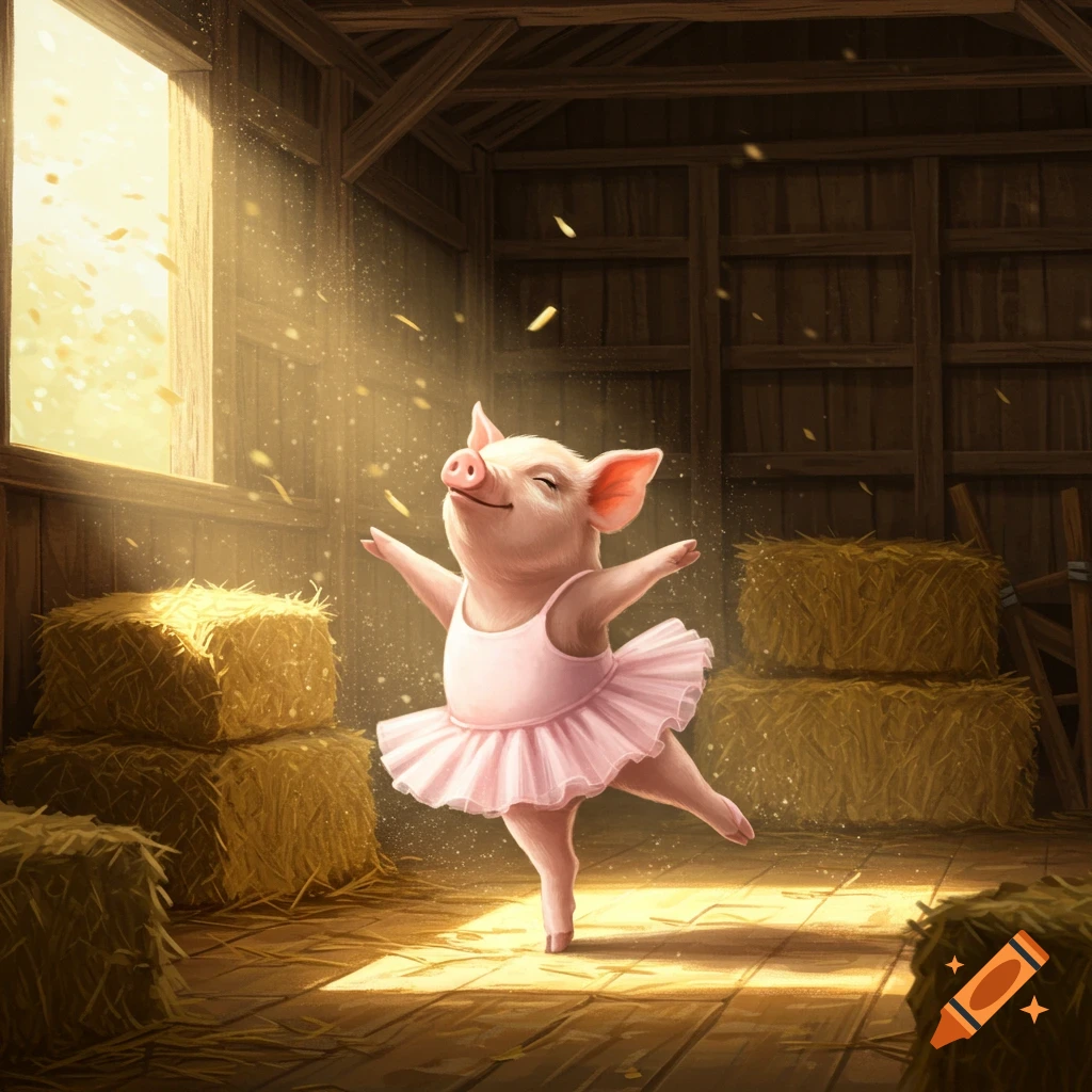 A cute pig in a pink tutu dances ballet in a sunlit barn, with hay bales in the background.