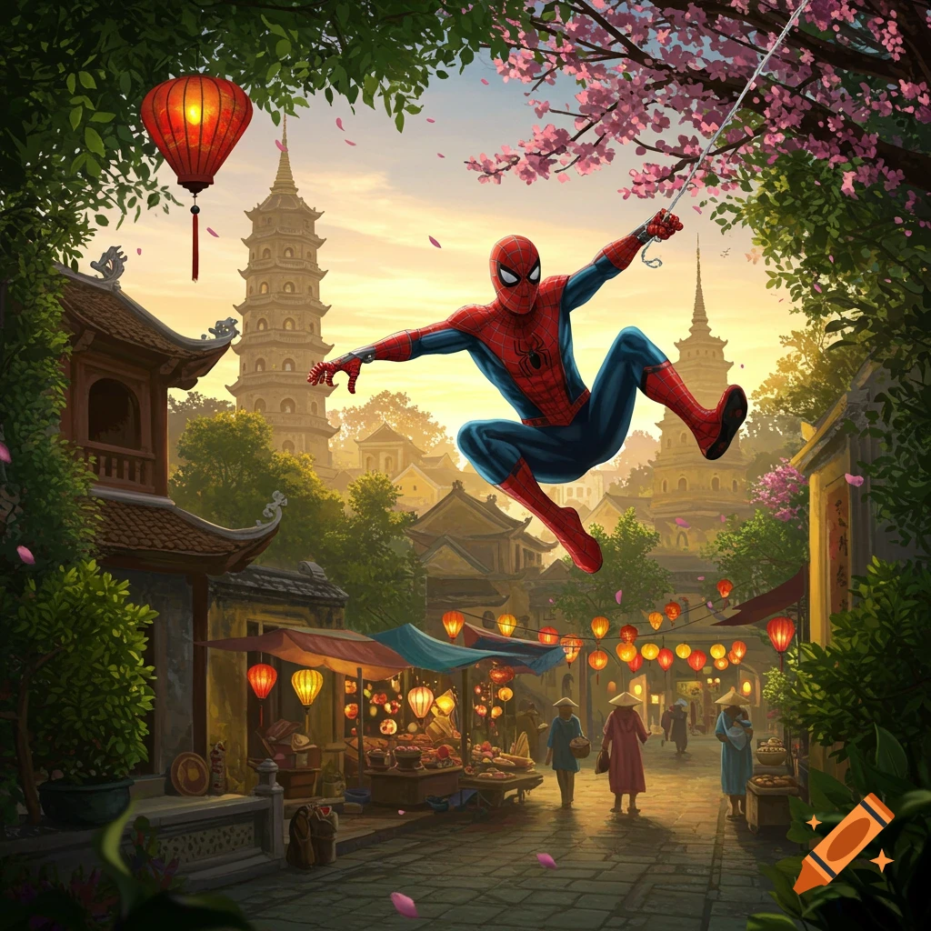 Spider-Man swings through a bustling market street in a vibrant East Asian city with pagodas and cherry blossoms.