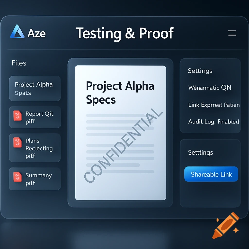 A modern glassmorphism UI dashboard for a secure file sharing service titled 'Testing & Proof,' showing a 'CONFIDENTIAL' 'Project Alpha Specs' PDF preview.