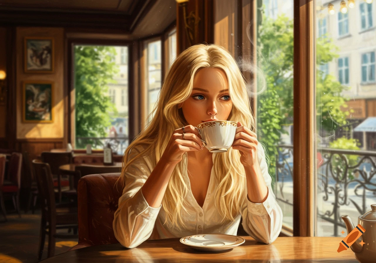 A blonde woman sips tea at a wooden table in a sunlit cafe, looking out a large window.