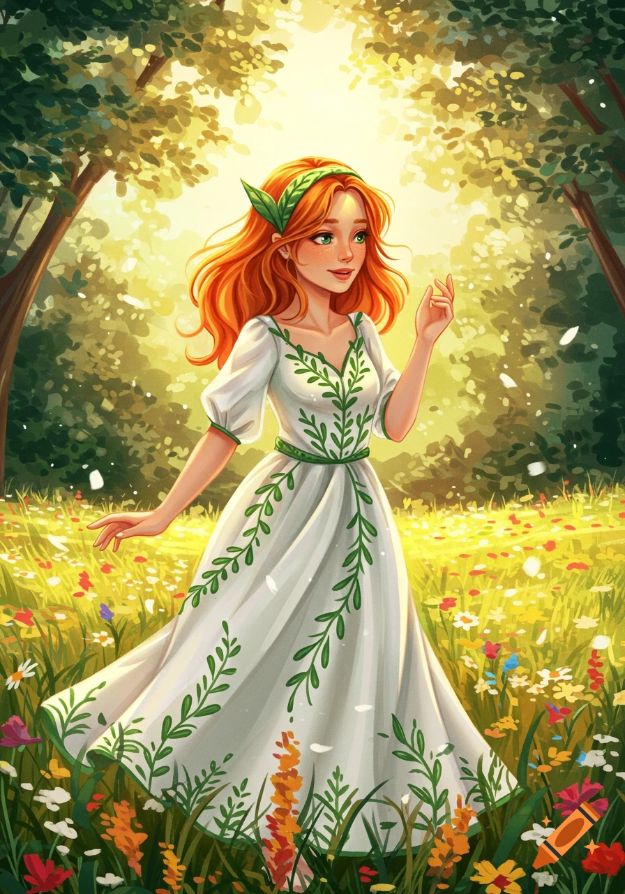 A red-haired girl in a white and green dress stands in a sunny, flower-filled forest clearing, looking to the side. Illustrated.