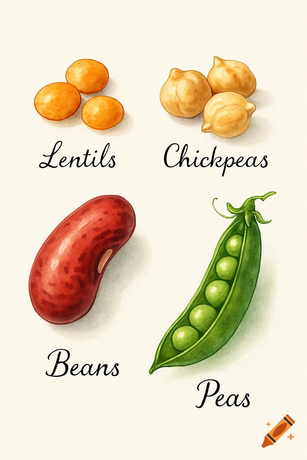 Watercolor illustration of lentils, chickpeas, a kidney bean, and peas in a pod, each labeled.