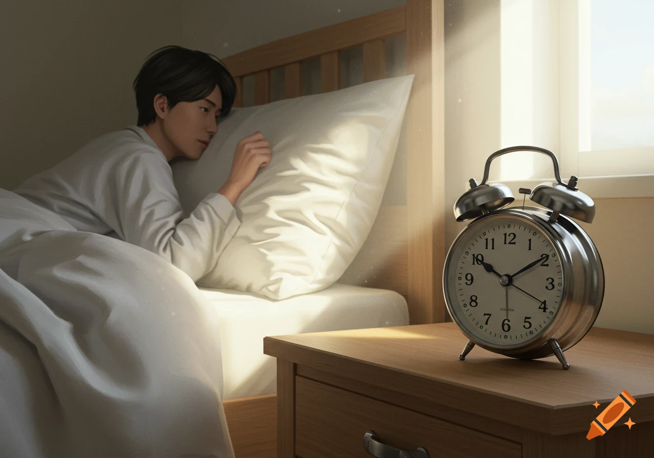 A person waking up in a sunny bedroom with an alarm clock on the nightstand, photorealistic style.