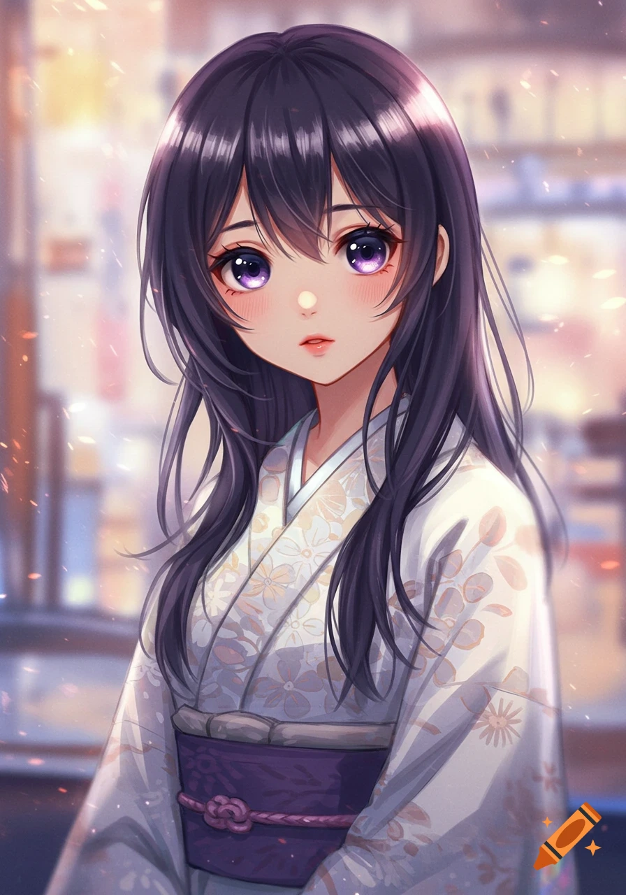 An anime girl with long dark hair and purple eyes wears a white kimono with floral patterns and a purple obi, against a blurry warm background.
