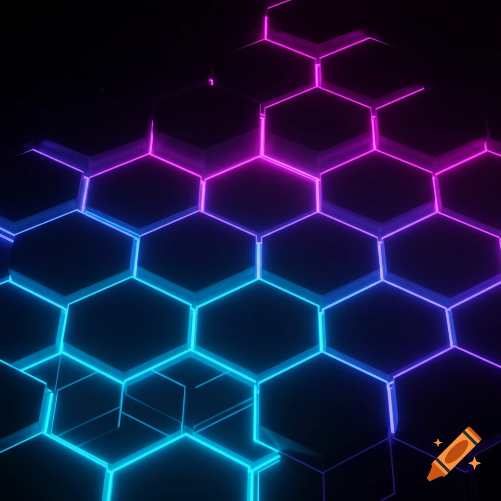 A 3D rendered illustration of a vibrant neon hexagonal pattern with blue and purple UV lights on a dark background.