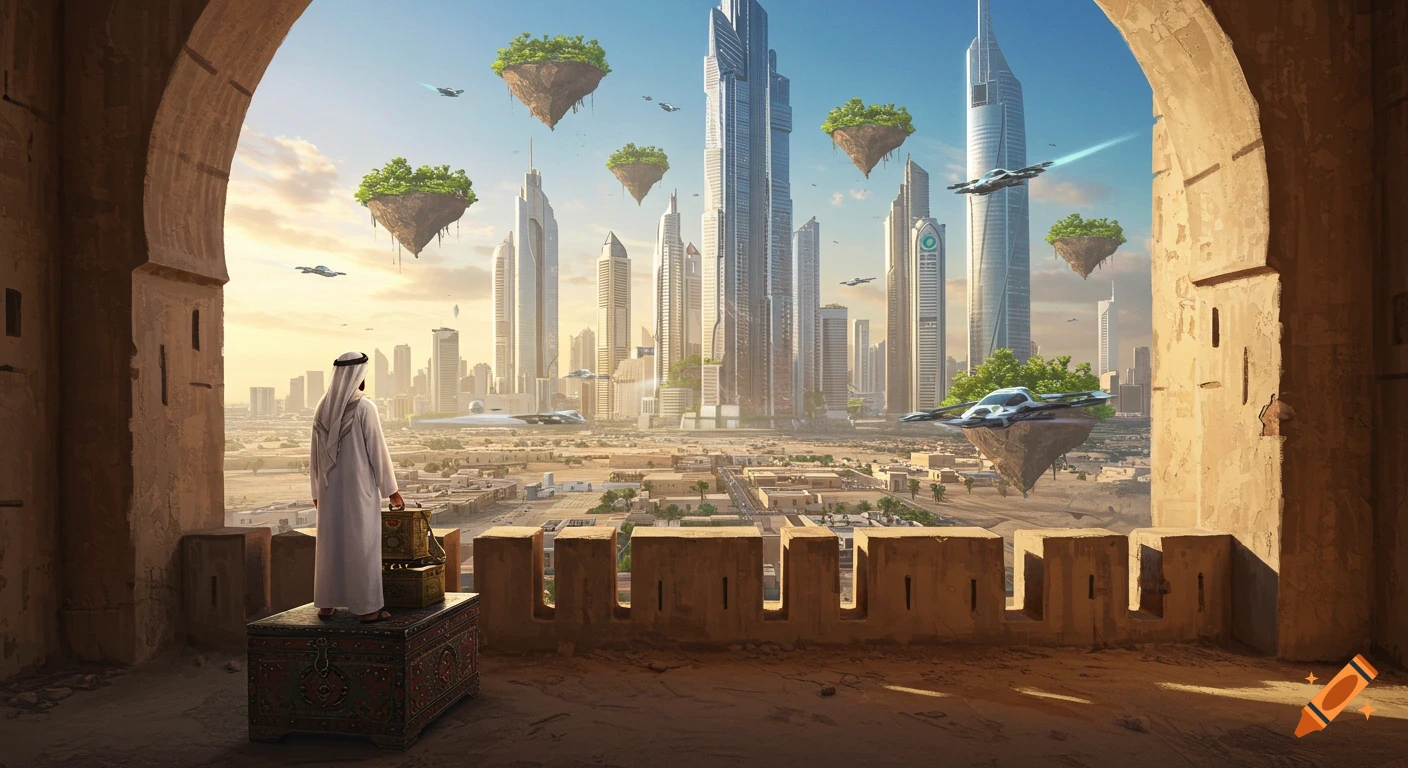A person in traditional attire overlooks a futuristic city with skyscrapers, flying vehicles, and floating green islands from an old fort archway.