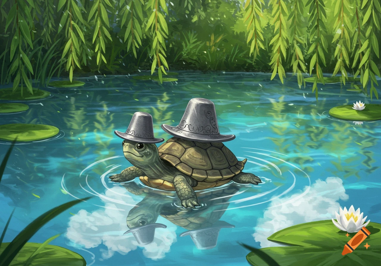 A stylized illustration of a cute turtle wearing a small hat and carrying a larger hat on its shell, swimming in a pond with lily pads and hanging willow branches.