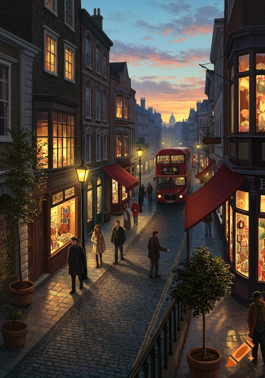 A bustling city street at dusk, lined with old buildings and illuminated shop windows, with people walking and a red double-decker bus.