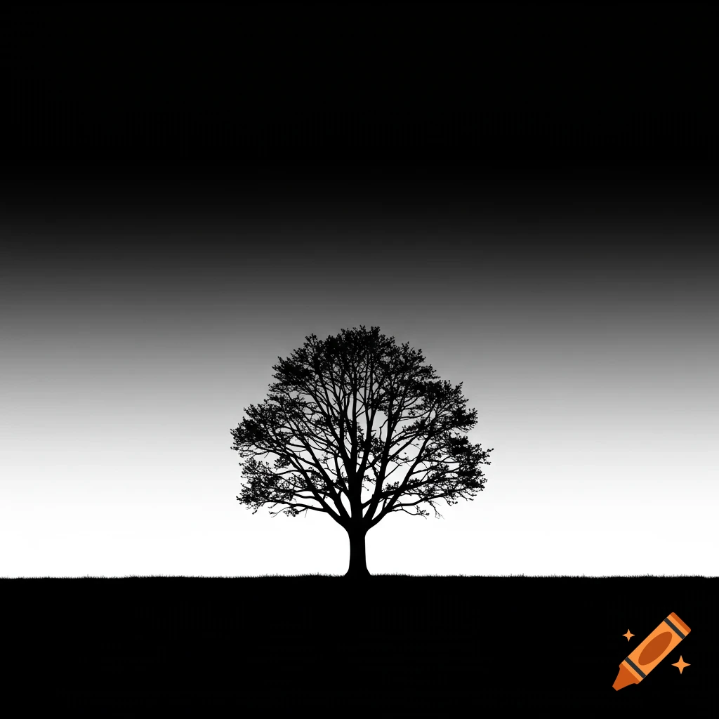 A minimalistic black and white silhouette of a tree on a horizon against a gradient sky.