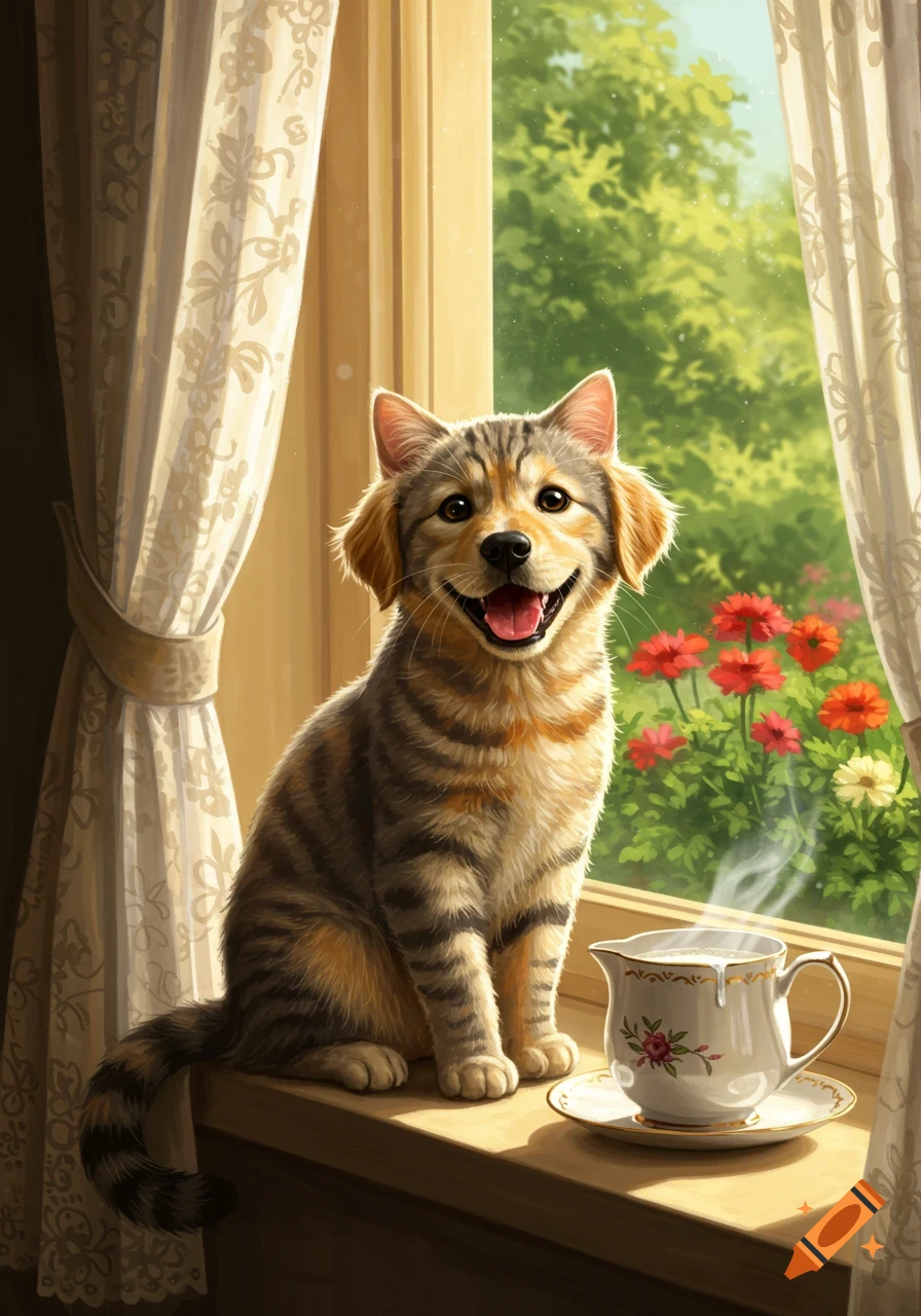 A smiling cat-dog hybrid sits on a sunlit windowsill next to a steaming teacup, with green foliage and red flowers visible outside.