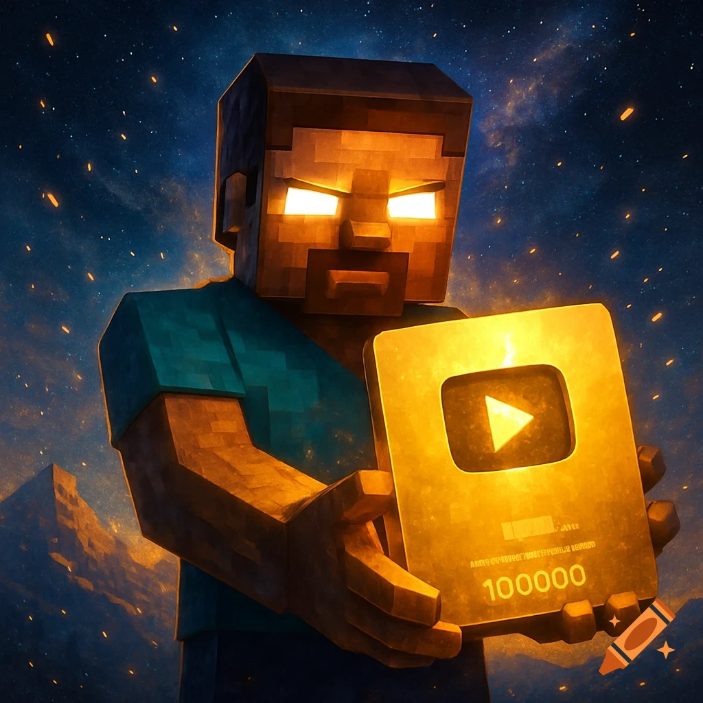 Herobrine, a blocky character, holds a glowing golden YouTube play button against a starry night sky.