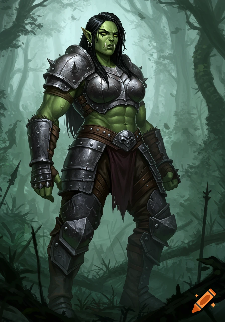 A tall, muscular female orc warrior with green skin, black hair, and fangs, wearing battle armor, standing in a dark fantasy forest.