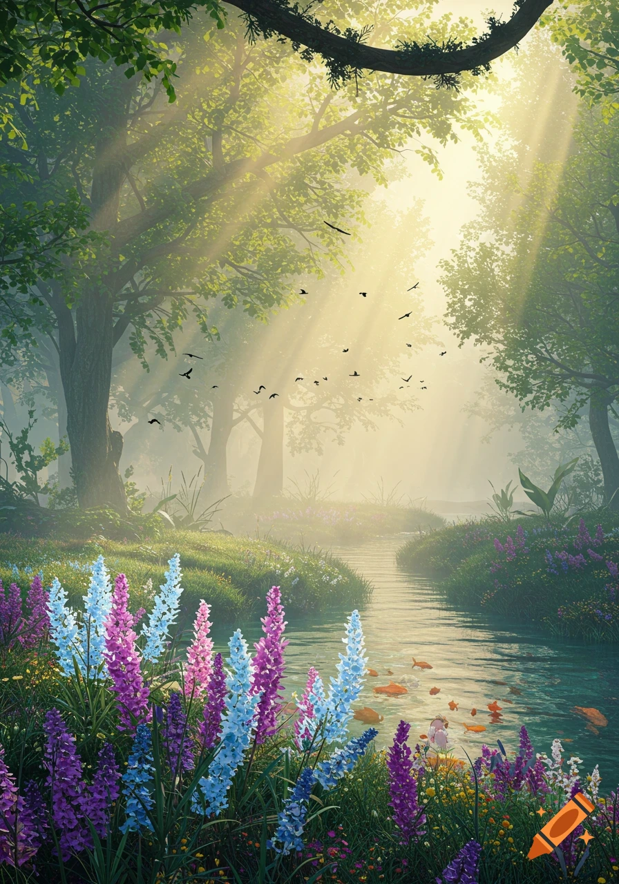 Sunlight beams through a misty forest, illuminating a winding stream lined with vibrant blue and purple flowers, with birds flying.