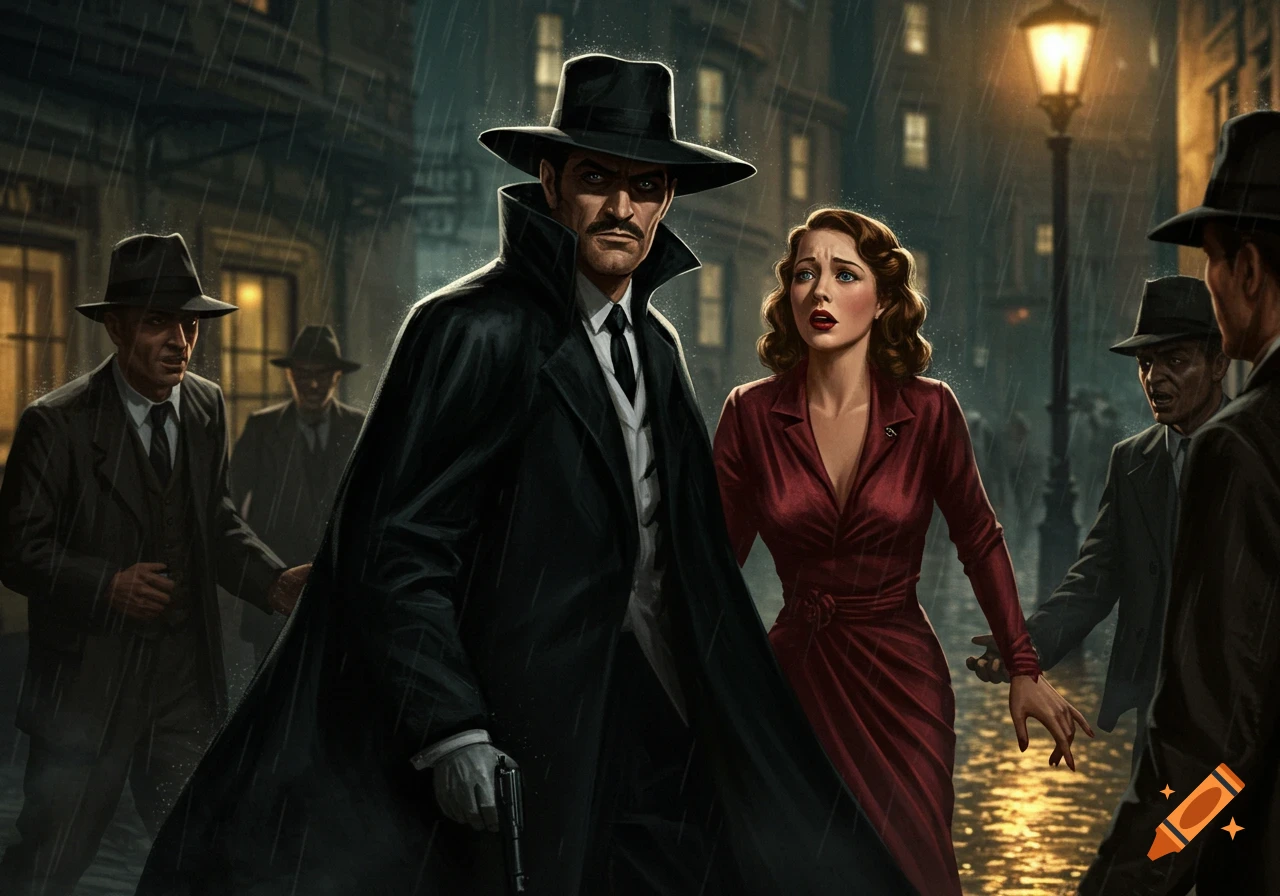 A man in a trench coat and fedora holding a gun protects a startled woman in a red dress from several men in hats on a rainy city street at night.