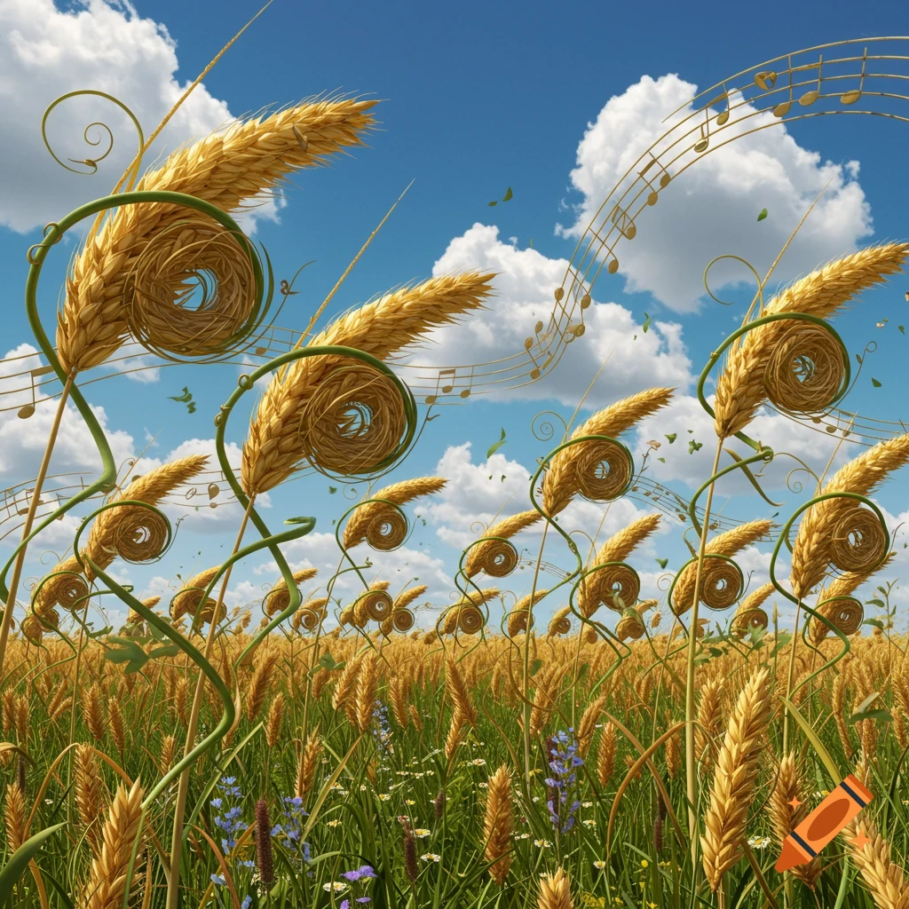 A vibrant field of golden wheat with green swirling stalks and musical notes floating in a bright blue sky.