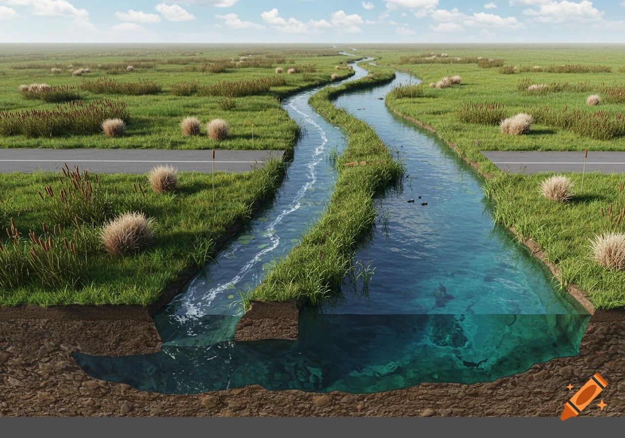 A cross-section of a fen landscape showing a road, a winding river, and a water table scheme with varying depths.
