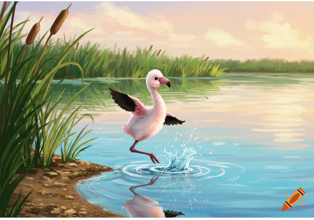 A pink baby flamingo splashes water in a lake with reeds at sunset, digital illustration.