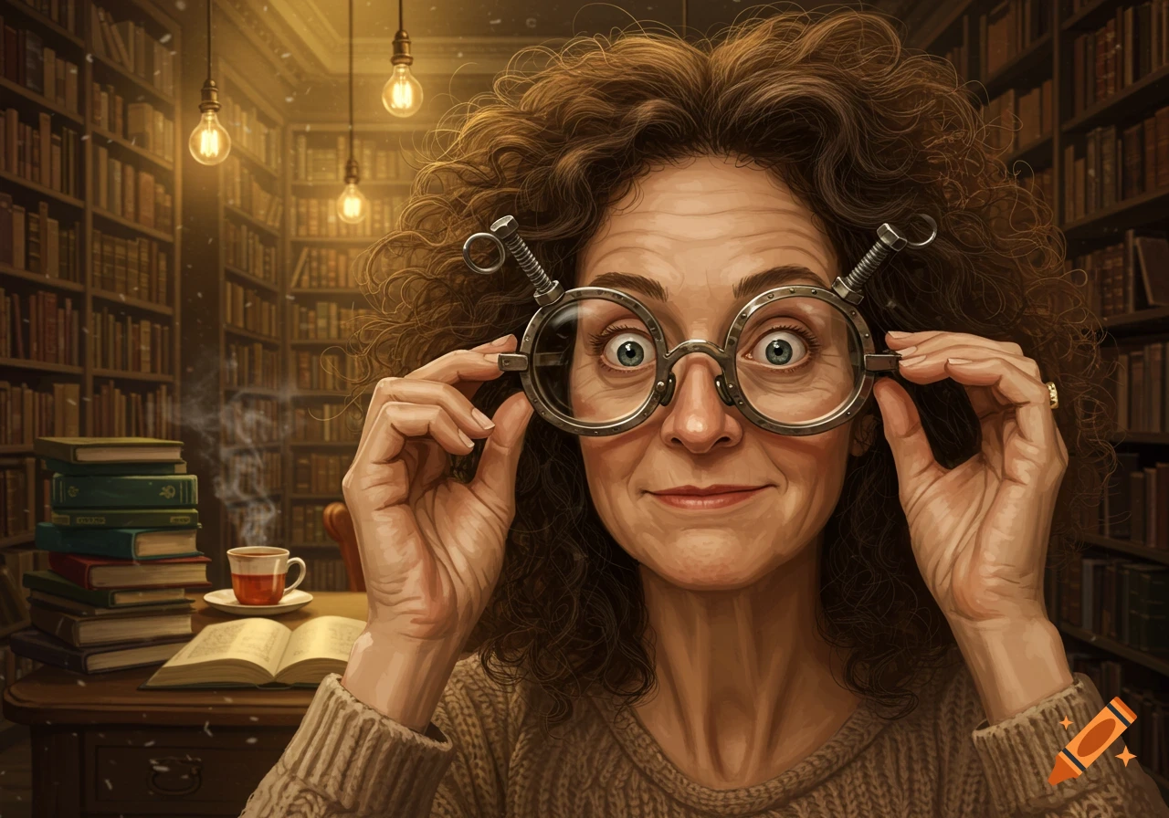 A middle-aged woman with curly brown hair wears comically thick, bolted metal-framed glasses, looking wide-eyed at the viewer in a cozy library.