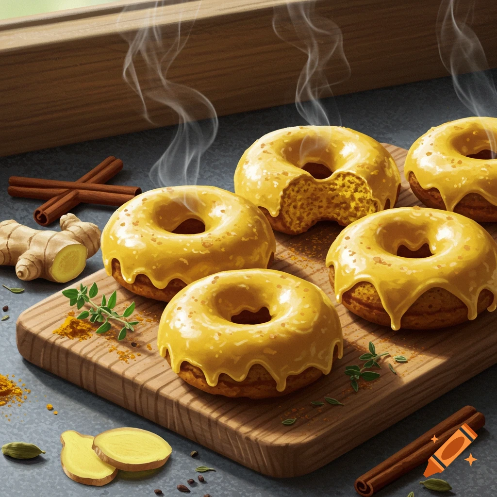 Five golden-glazed donuts on a wooden board surrounded by fresh ginger, cinnamon sticks, and spices, with steam rising.