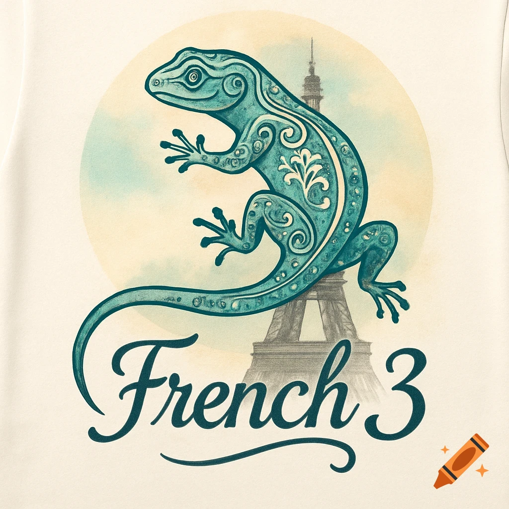 A stylized teal lizard with intricate patterns, an Eiffel Tower, and 'French 3' text on a light background.
